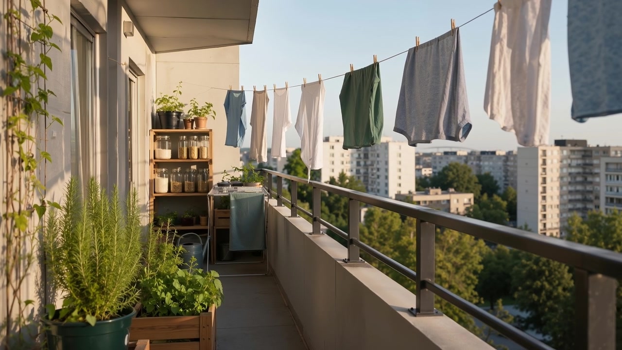Bucato bagnato appeso a uno stendibiancheria sul balcone con palazzi sullo sfondo