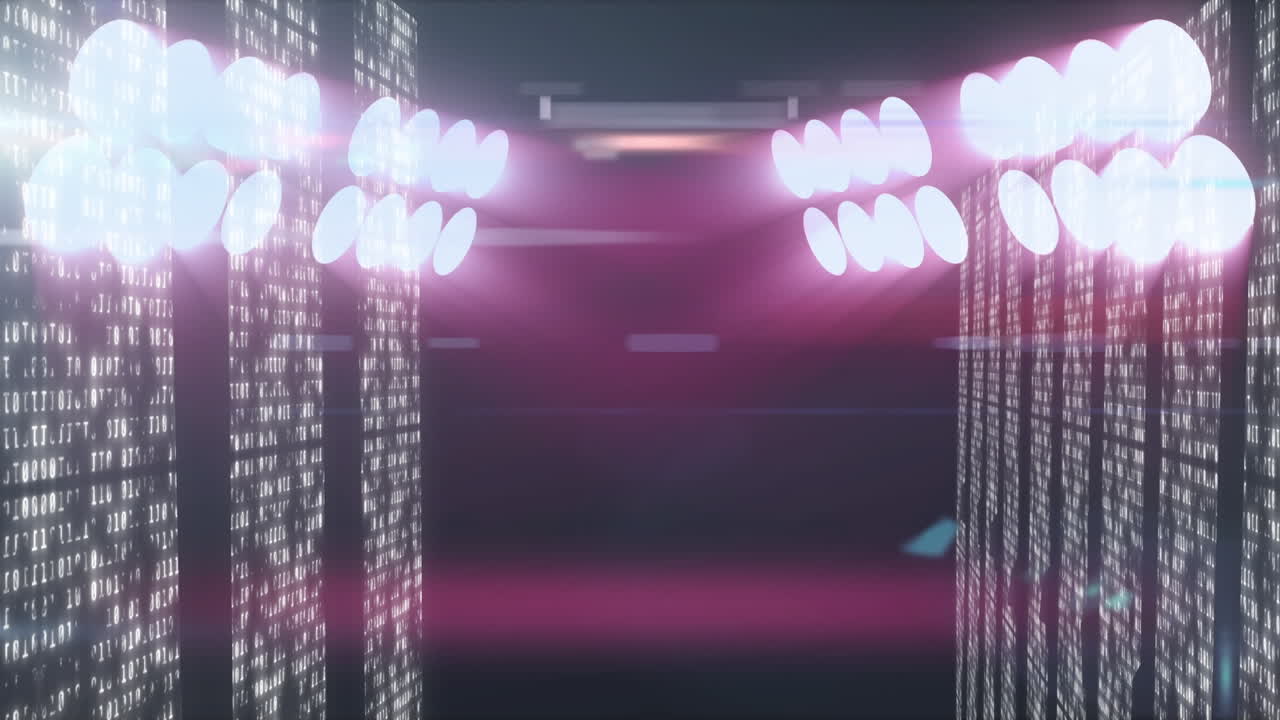 Animation of moving columns over spot lights on black background