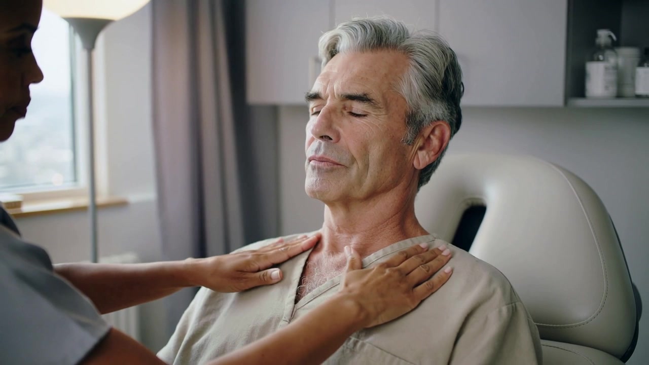 Infermiera che posa le mani su un uomo in clinica, massaggiandogli la spalla, confortandolo, mentre lui apre gli occhi, con camice e divisa medica.