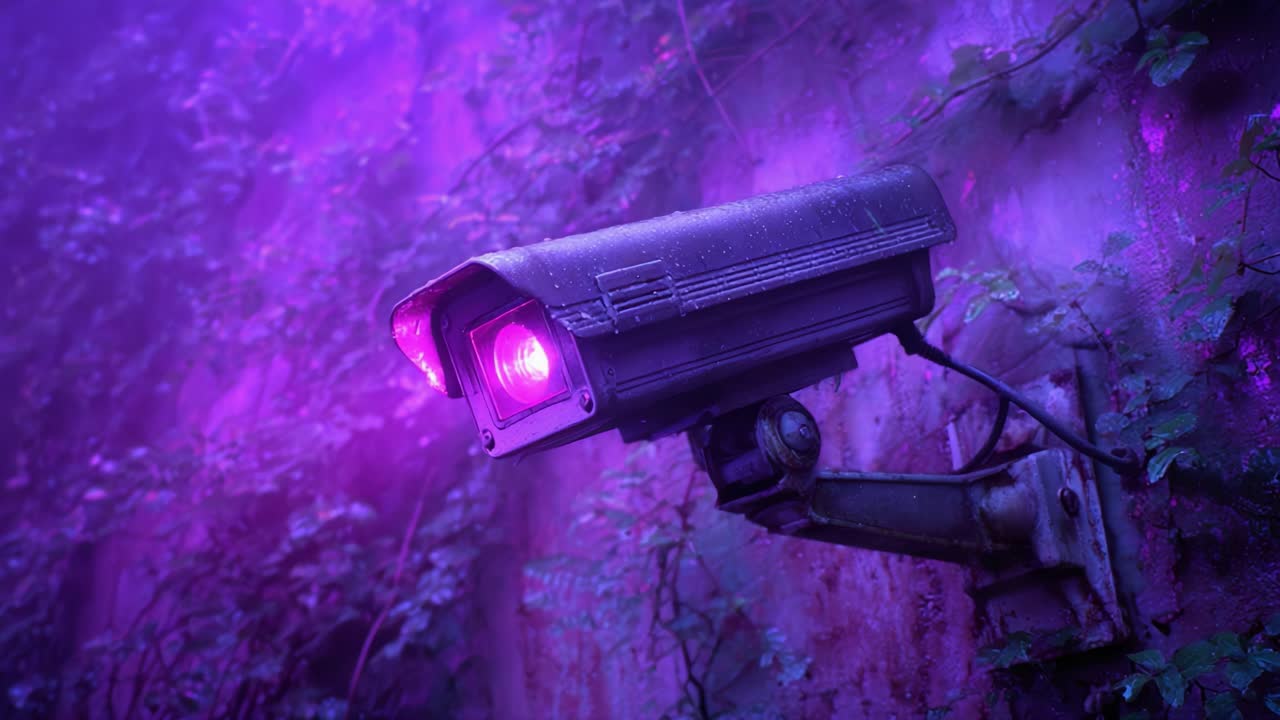 Câmera de vigilância com iluminação roxa vibrante montada em uma parede com hera, capturando uma aura intrigante de mistério e tecnologia em uma atmosfera onírica