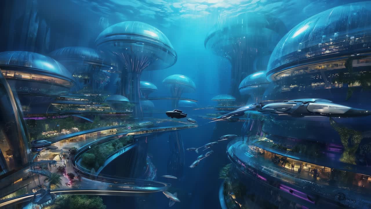 Futuristic Underwater City with Advanced Architecture and Vehicles