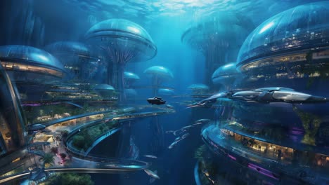 futuristic underwater city with advanced architecture and vehicles