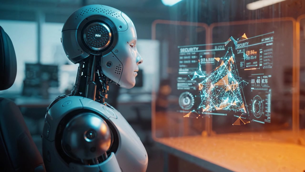 A futuristic robotic figure engages with advanced holographic displays, showcasing intricate data visualizations about security and technology interactions in a sleek environment.
