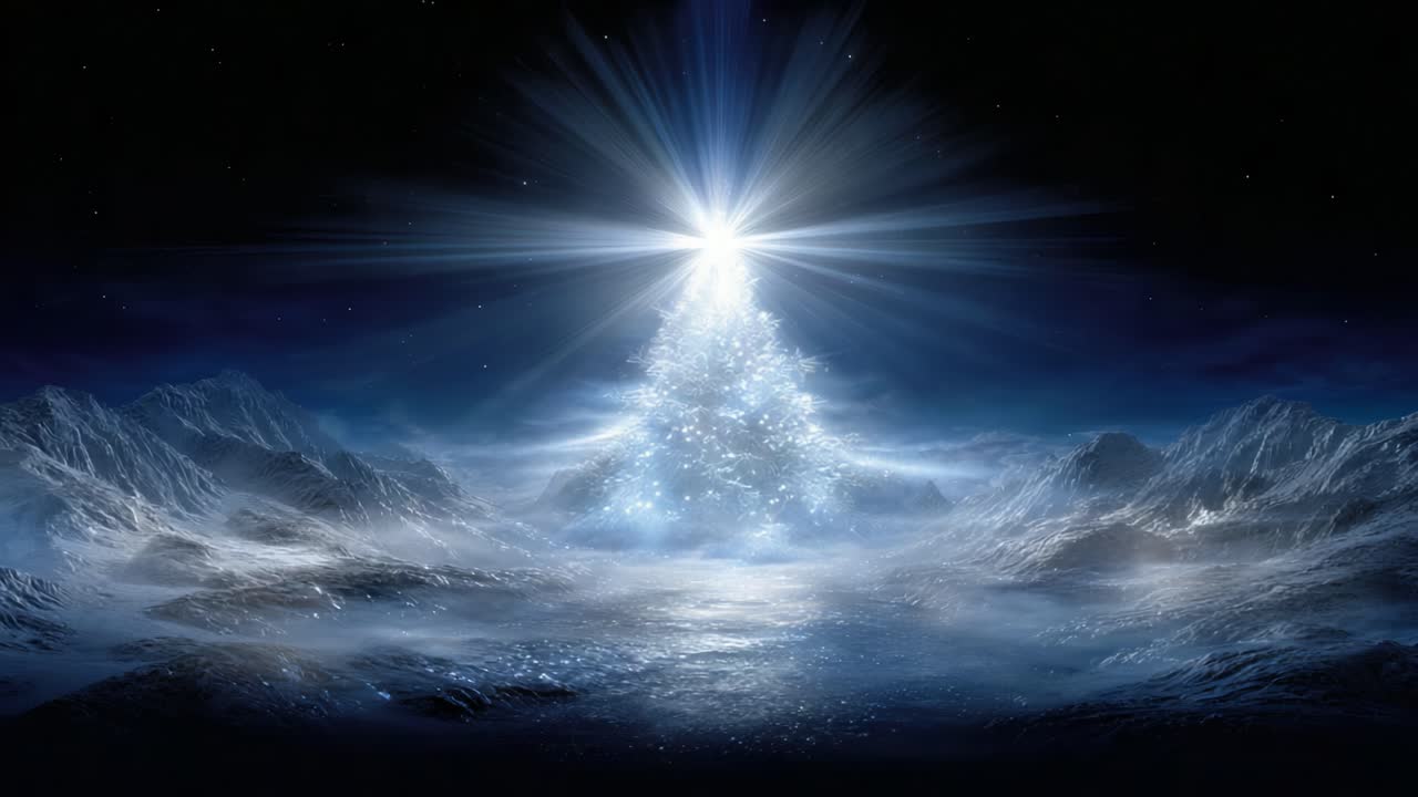 A Radiant Christmas Tree Illuminating a Serene Winter Landscape with Gentle Snow-Covered Mountains Submerged in Ethereal Blue Light and a Starry Night Sky