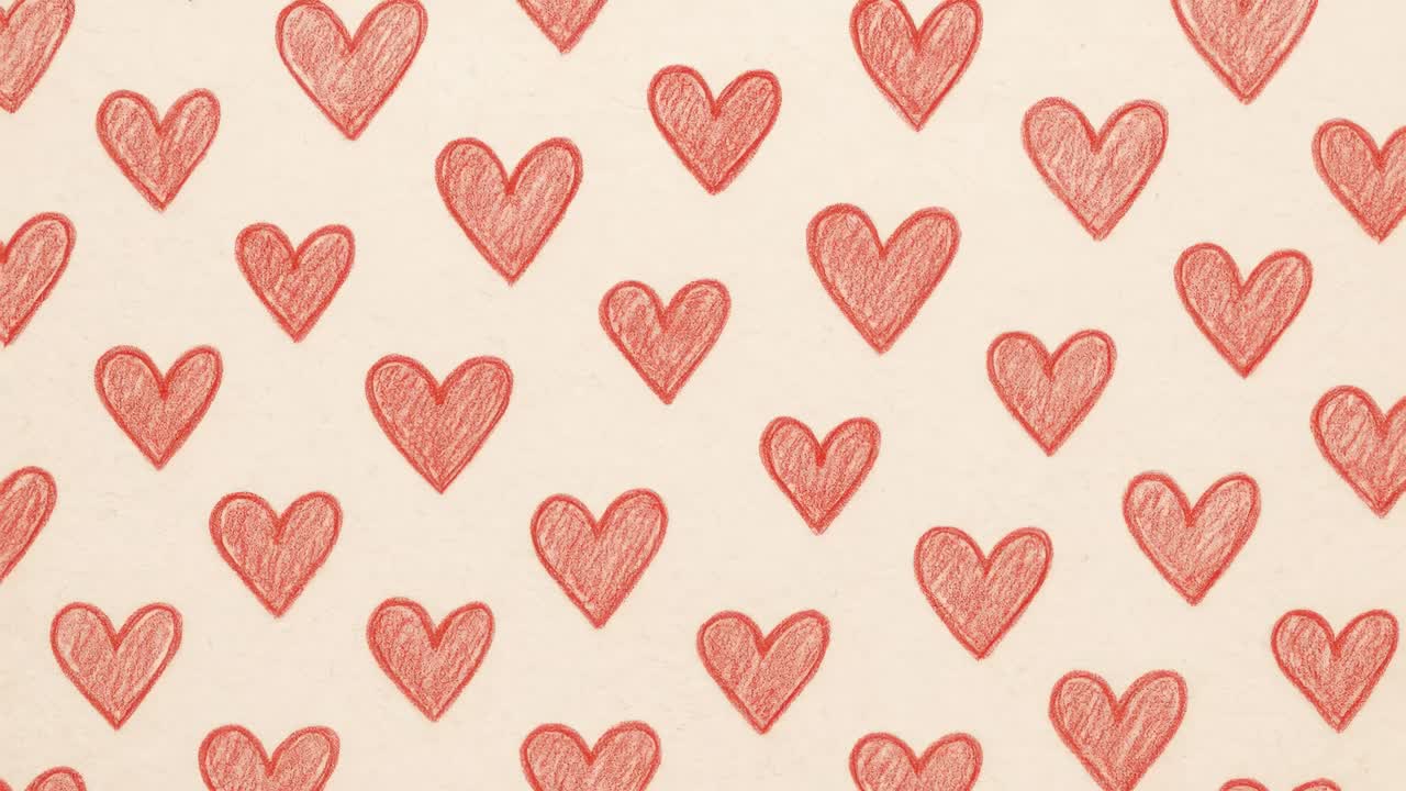 Top-down view of a pattern of red hearts on beige paper, ideal for romantic video backgrounds