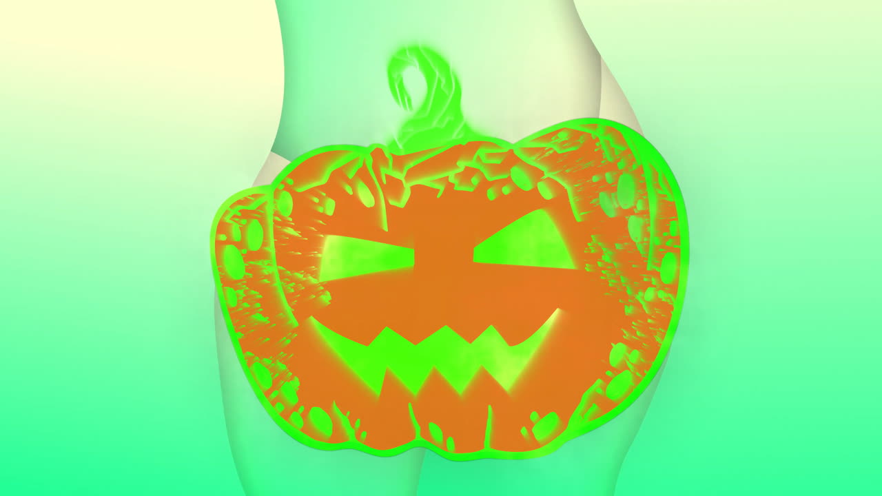 Glowing green jack-o'-lantern animating over abstract human form in digital art