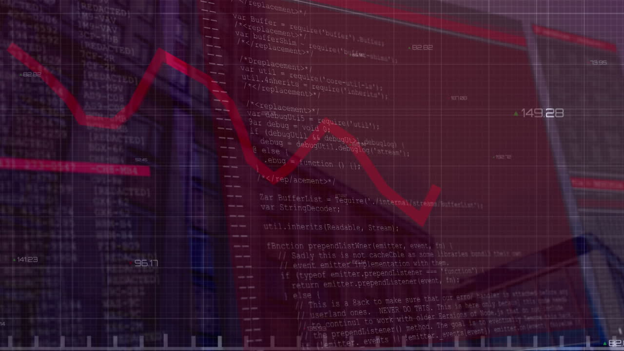 animación de grabación de la línea roja y procesamiento de datos en pantallas sobre edificios modernos