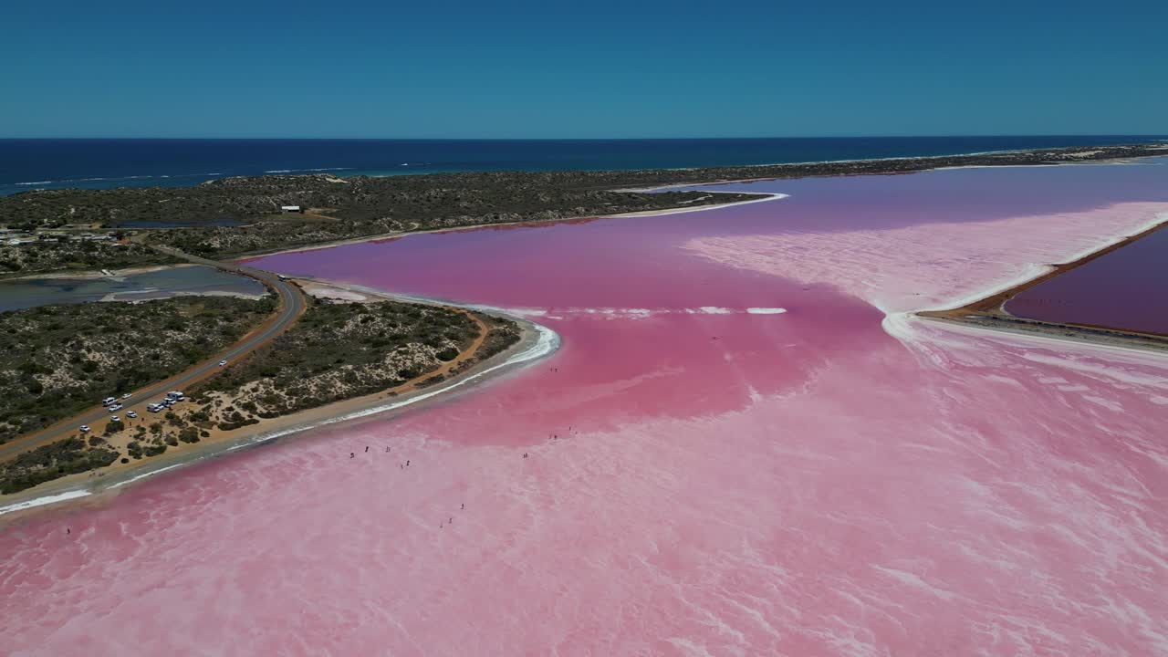 Aerial view of the scenic landscape of Hutt Lagoon Pink Lake, Hutt Lagoon Marine Salt Lake on Coral Coast near Port Gregory, Australia