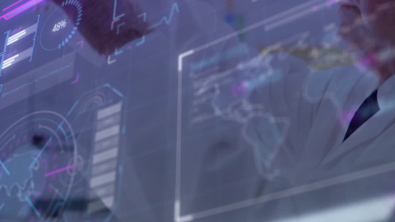 Displaying animation of digital interface with world map and data analytics