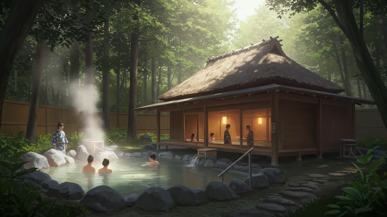 A serene hot springs scene in a tranquil forest setting, featuring people enjoying the steaming waters of a traditional bathhouse surrounded by lush greenery