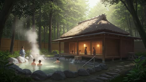 a serene hot springs scene in a tranquil forest setting, featuring people enjoying the steaming waters of a traditional bathhouse surrounded by lush greenery