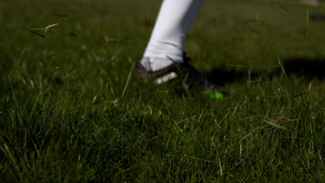 football player kicking the ball on grass