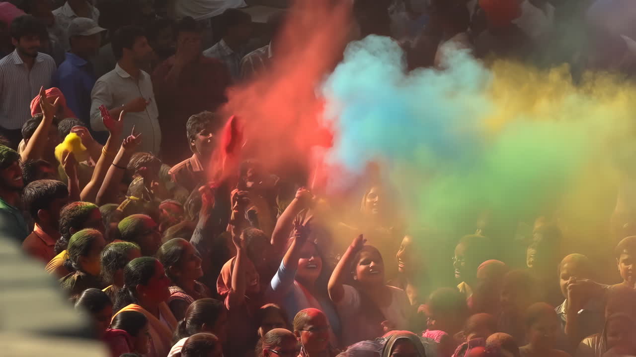Vibrante Celebrazione del Festival Holi con una Folla Gioiosa e Polvere Colorata