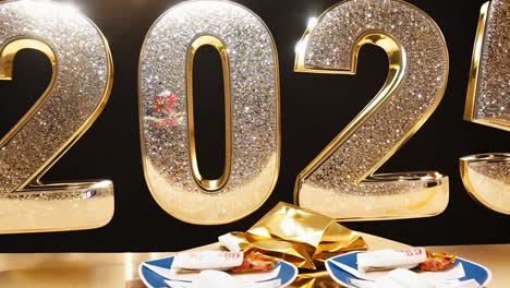 new year's eve table setting with 2025 in gold glitter