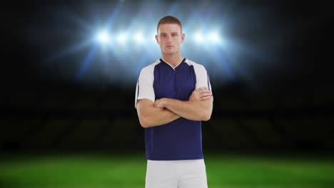 Animation-of-stadium-over-caucasian-male-soccer-player