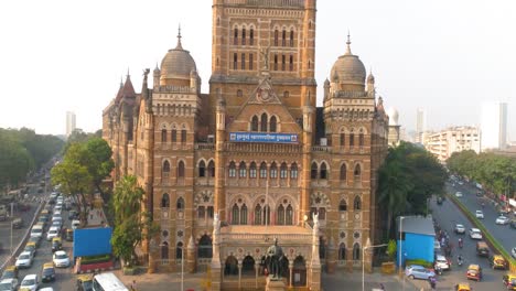 a drone shot of chhatrapati shivaji maharaj terminus and the municipal corporation heritage buildings in the fort area of south bombay