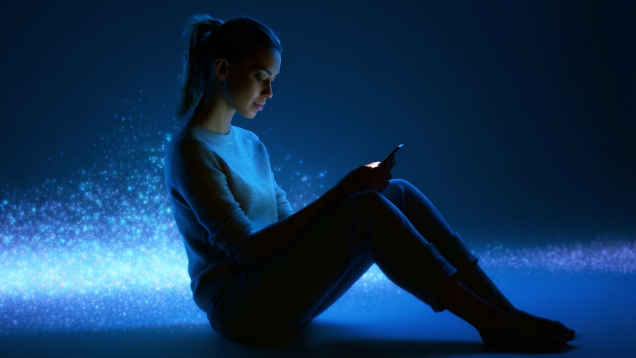 A young woman sits in a minimalist space, illuminated by a soft blue glow, absorbed in her mobile phone. The enchanting digital particles around her create a whimsical atmosphere of contemplation and connection
