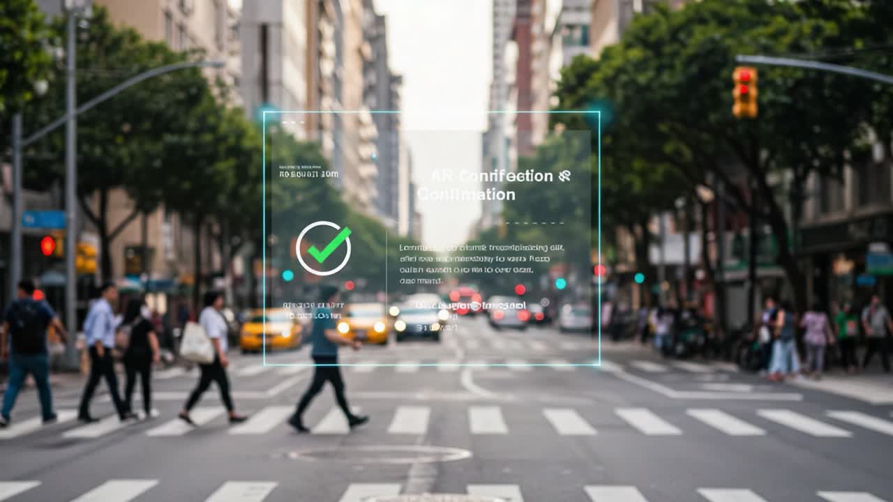 An Urban Scene of Pedestrians Crossing the Street with Augmented Reality Overlays Showcasing Real-Time Information and Navigation Assistance