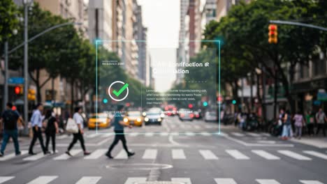an urban scene of pedestrians crossing the street with augmented reality overlays showcasing real-time information and navigation assistance