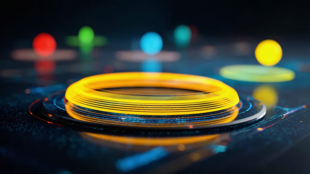 Dynamic Visualization of a Rotating Energy Ring with Colorful Spheres in a Dark Futuristic Background Representing Advanced Technology and Data Interaction