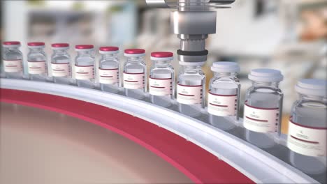 mass production of coronavirus covid-19 vaccine. manufacturing the vaccines on conveyor with covid-19 vials in the pharmaceutical laboratory. medicine for immunization and vaccination, loop animation