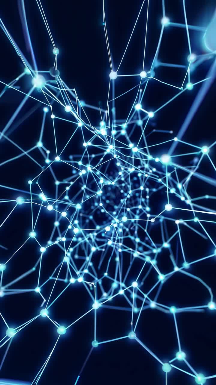 Futuristic video concept with a digital network of glowing blue nodes and lines