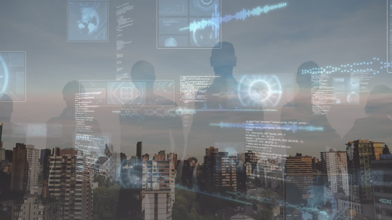 Animation of data processing on digital screens moving over people silhouettes and cityscape