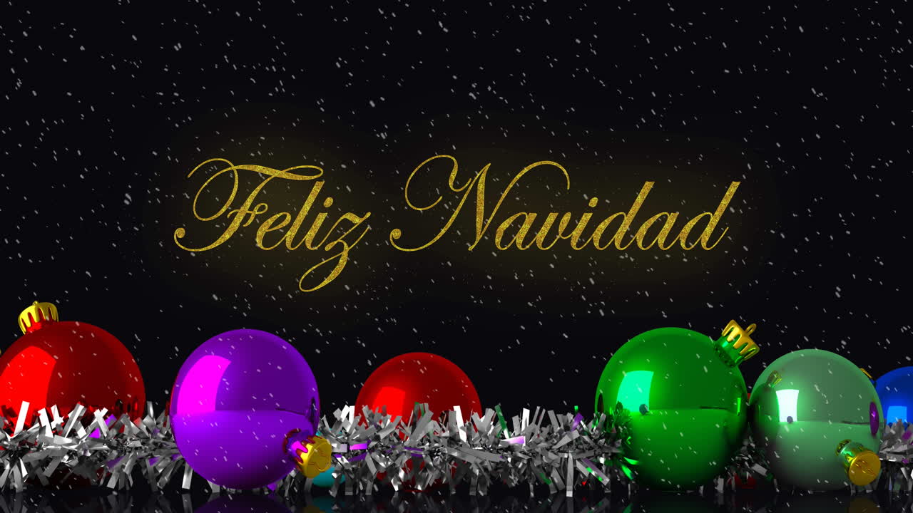 animación de texto de feliz navidad sobre bolas y fondo de nieve cayendo