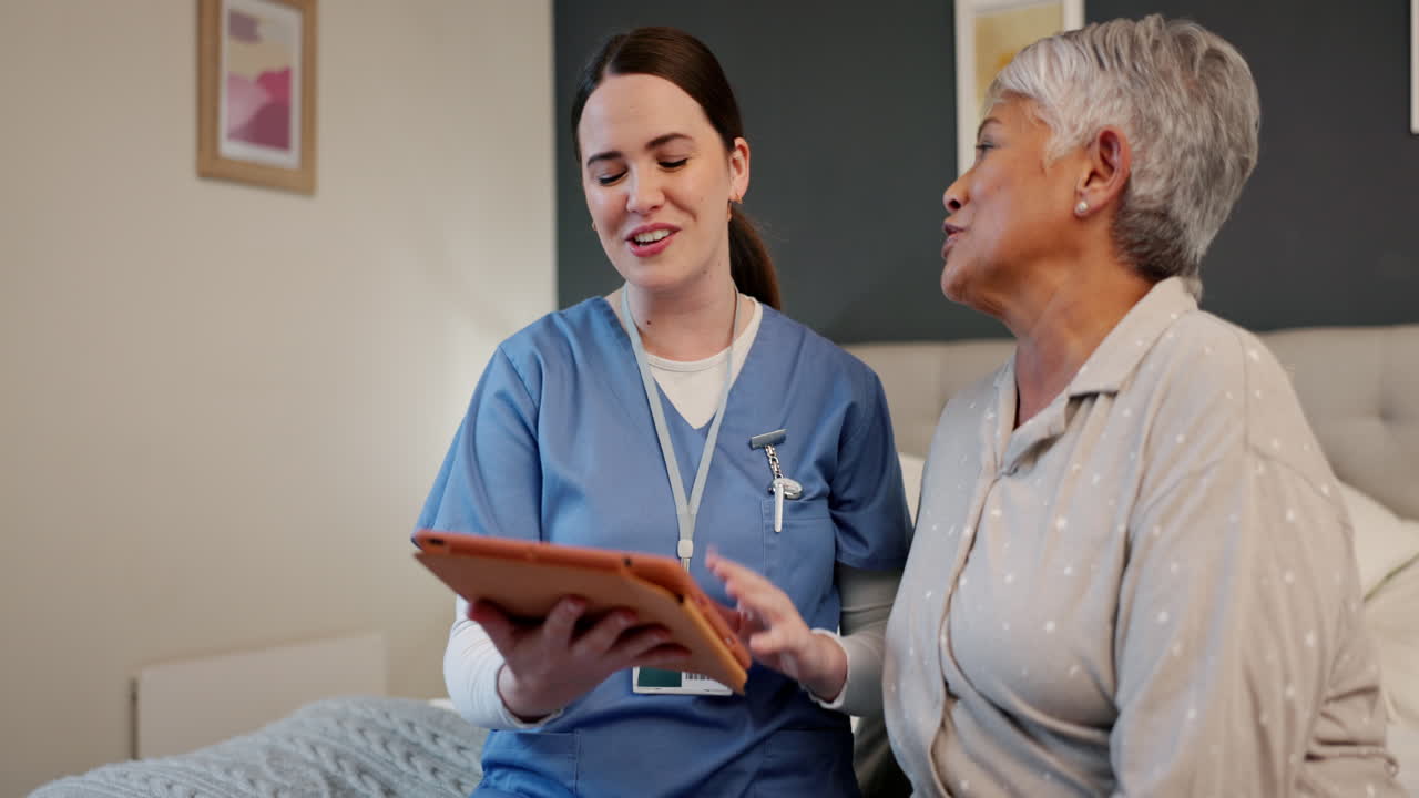Hug, tablet and nurse with senior woman in bedroom