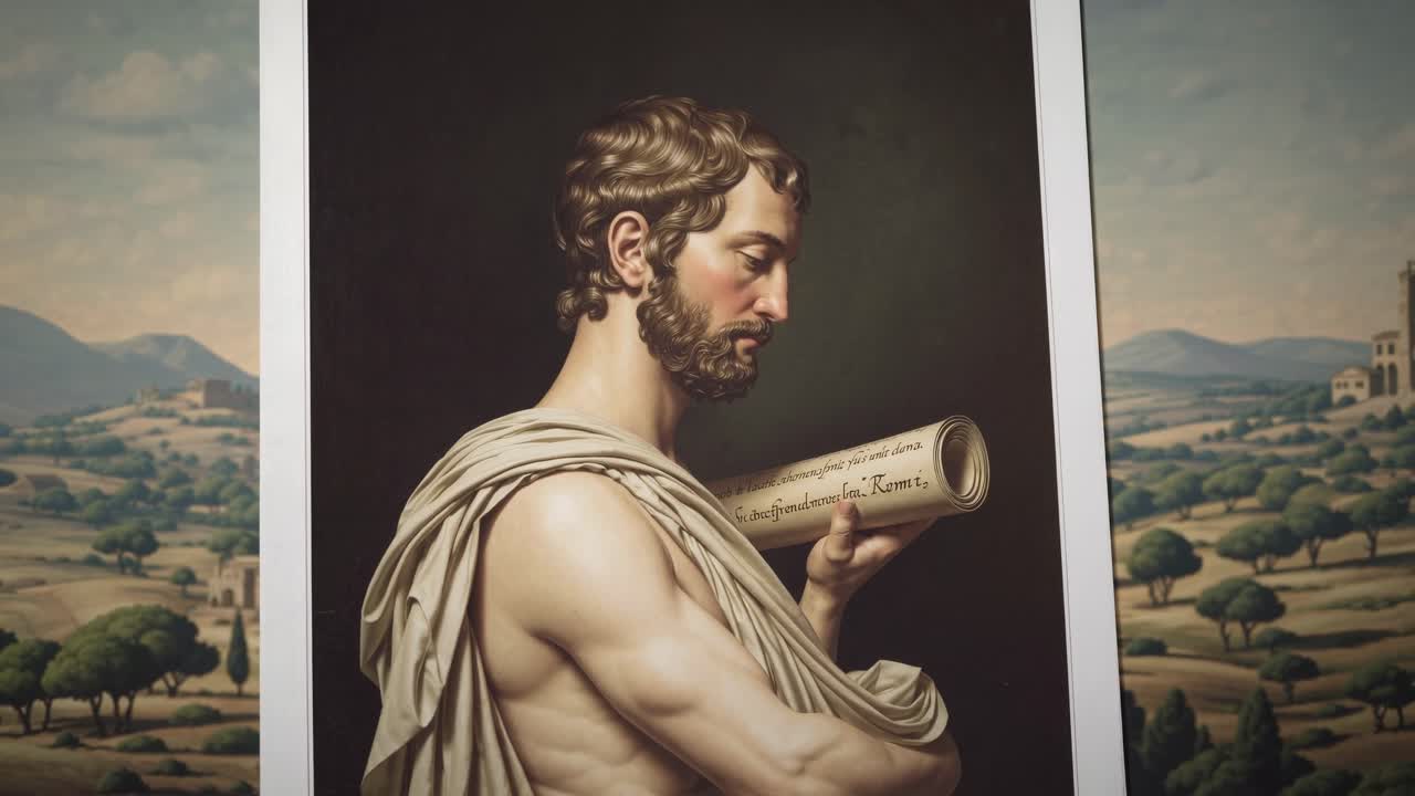 Un fotogramma video in stile classico di un uomo barbuto di profilo che tiene in mano una pergamena