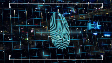 fingerprint scanning animation over cityscape with grid and data visualization