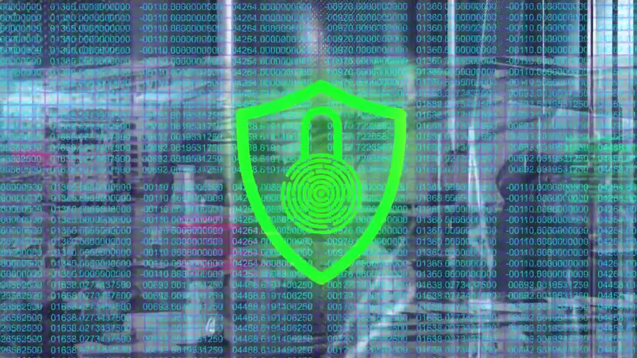 Neon shield lock responding to incoming pulse, cycling color and scanning fingerprint for security