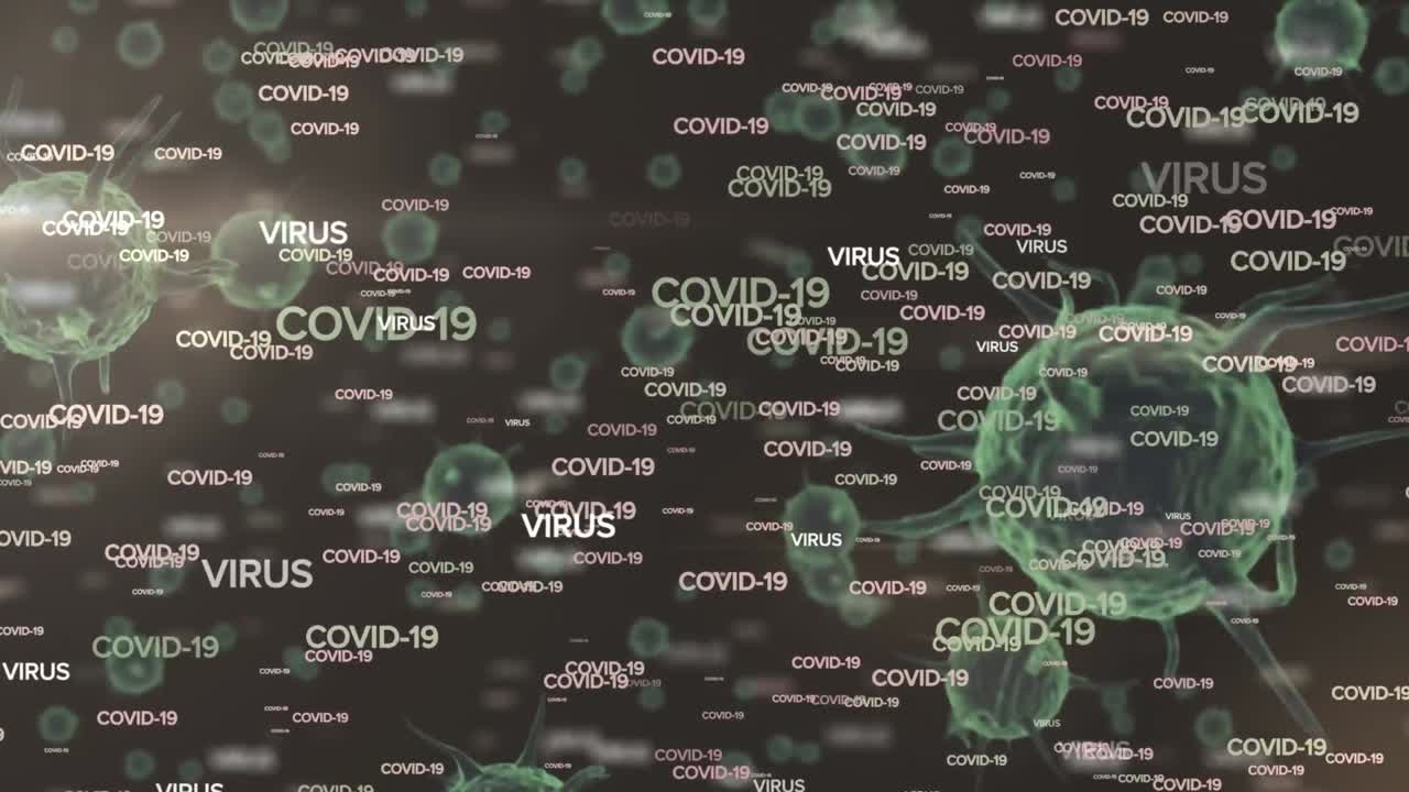 animación de múltiples textos de covid 19 sobre células de covid 19 en un fondo oscuro