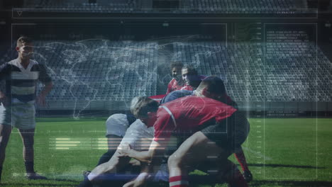 animation of data processing and rugby players over sports stadium
