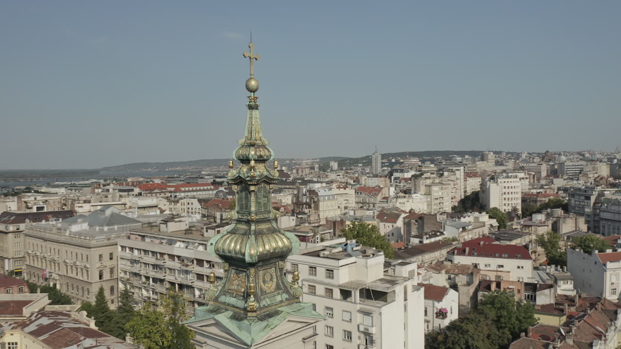 Drone shot rotating around Saborna church in Belgrade, Serbia during the day.