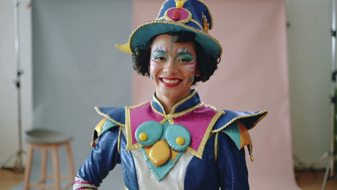 Modelo sorrindo posando e virando no estúdio após a câmera começar, usando chapéu e roupa de lantejoulas.