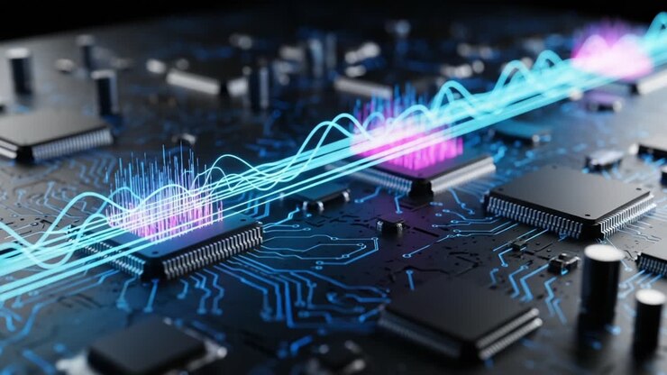 A Stunning Visualization of Circuit Boards Enhanced with Pulsating Waveforms, Illustrating the Intersection of Technology and Design in Modern Electronics