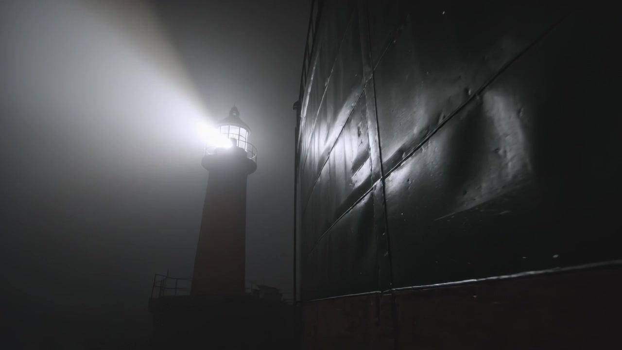 Rotating lantern sending beam sweeping fog and lighting wet hull on pier, guiding ships, copy space