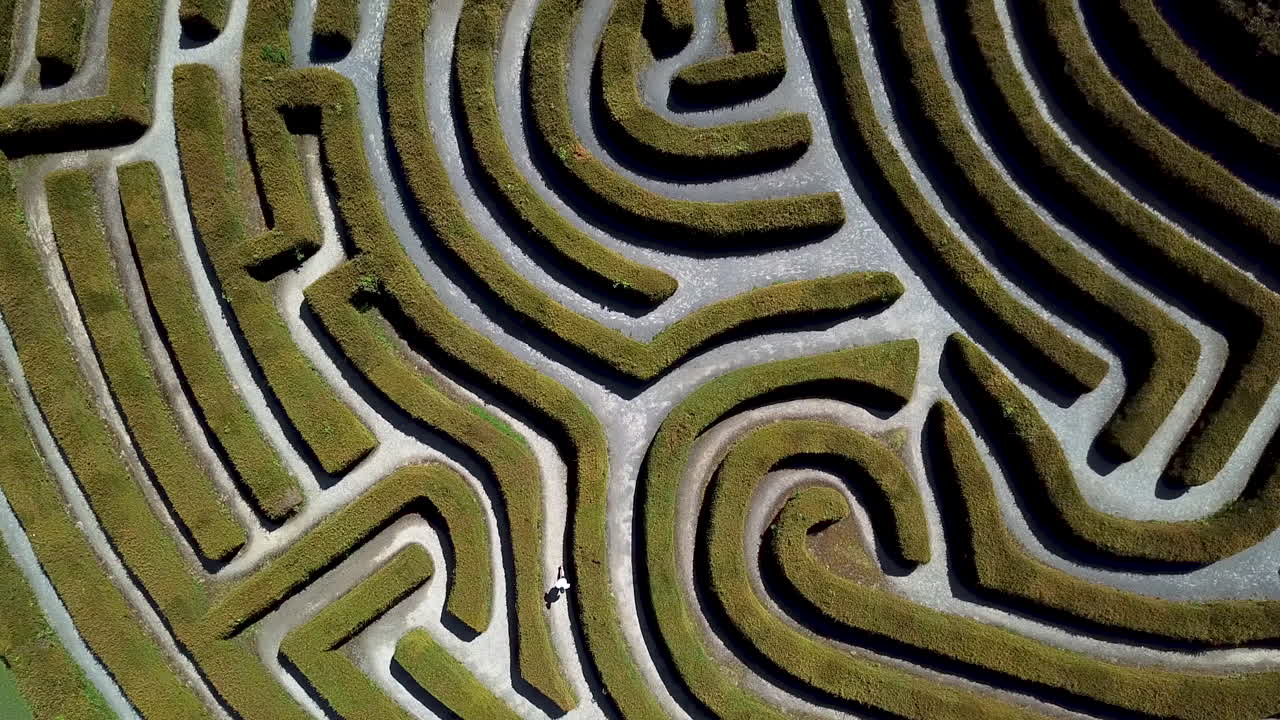 человек идет по садовому лабиринту, вид с воздуха на лабиринт мира