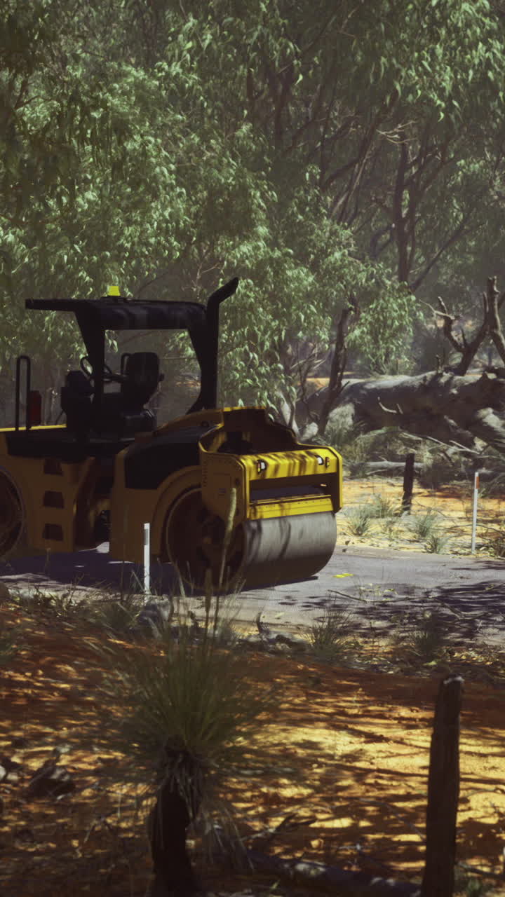 Construction machine prepares land in a serene forest during afternoon sunlight