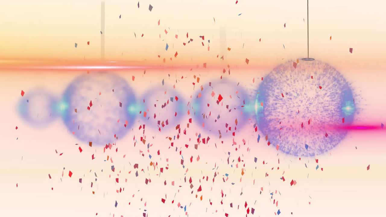 하 ⁇  배경 위에 파란색 기하학적 모양 위에 떨어지는 콘페티의 애니메이션