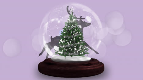 shooting stars around christmas tree in a snow globe against reindeer running on purple background