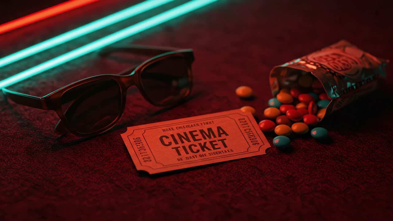 A Cinematic Experience Unfolds: Classic Cinema Ticket with Colorful Candy and Retro Sunglasses Under Neon Lights, Perfect for Movie Nights