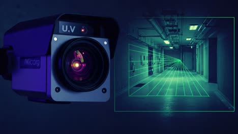 advanced security technology showcase: a close-up of a high-precision camera projecting laser grids in an enclosed environment for surveillance purposes