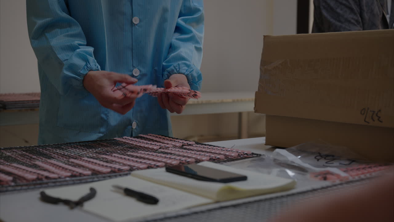 Workers in Chinese artificial nail factory. Labour-intensive production process. Workers wearing uniforms. Artificial nail manufacturing. Workers performing repetitive tasks in a factory Made in China