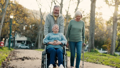 nature, group and senior friends on a walk