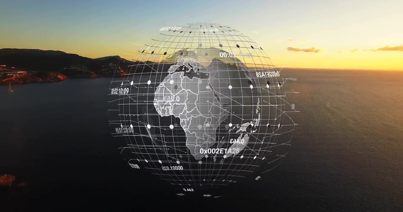 Drone filming sunset coastline, initiating globe rising rotating continents displaying coordinates
