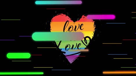 animation of colorful shapes over love is love in heart on black background