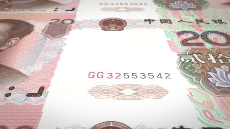 serie of banknotes of twenty renminbi yuan chinese with the face of the communist dictator mao tse tung rolling on screen, coins of the world, loop