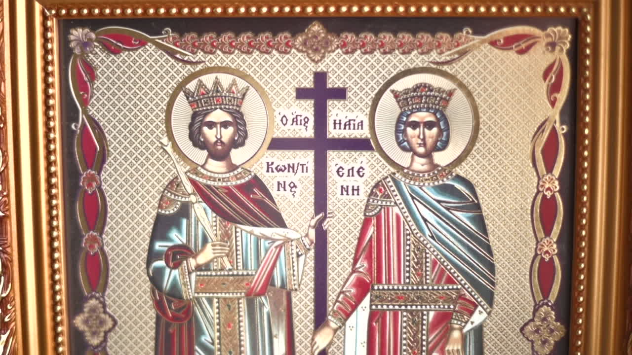 Close up of a religious icon representing St. Constantine and Helen